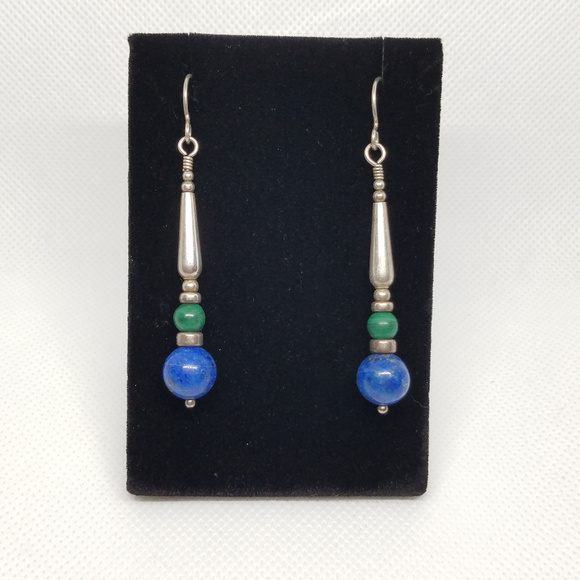 Sterling Silver Blue Agate & Green Stone Earrings - Picture 3 of 4